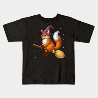Fox Witch Riding Broom Kids T-Shirt